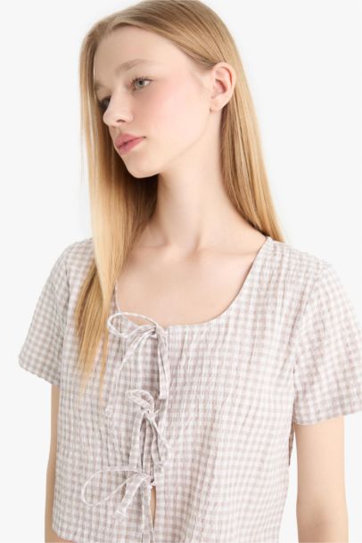 Regular Fit V Neck Crinkle Fabric Blouse