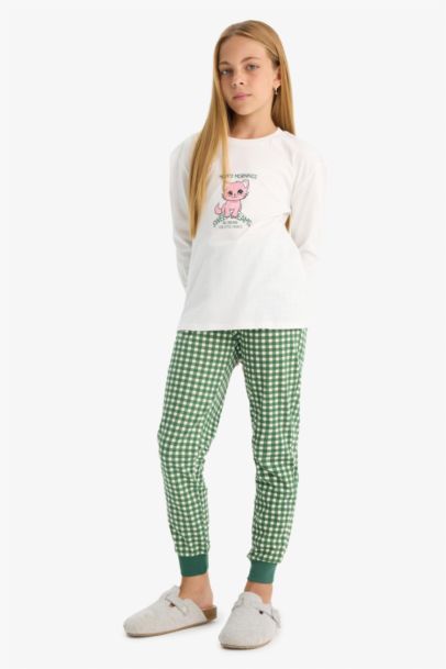 Pijama Takımı Baskılı Uzun Kollu Üst Kareli Uzun Alt Kız Çocuk