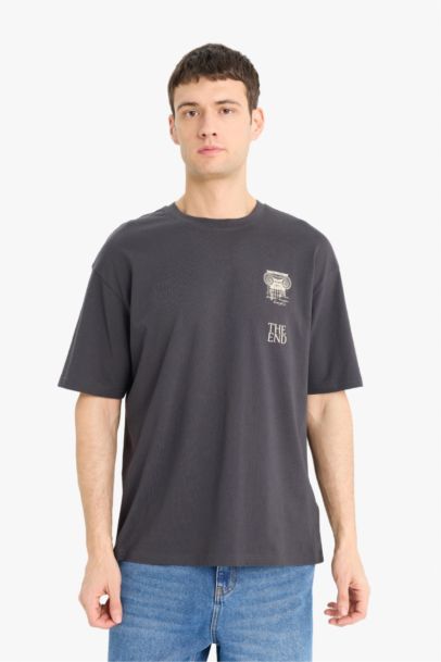 تيشيرت قطن أوفر سايز مطبوع برقبة مستديرة