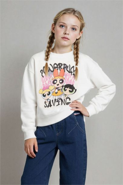 PowerPuff Girls Oversize Geniş Kalıp Bisiklet Yaka Sweatshirt Kız Çocuk