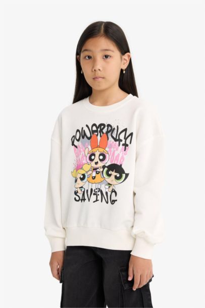 PowerPuff Girls Oversize Geniş Kalıp Bisiklet Yaka Sweatshirt Kız Çocuk