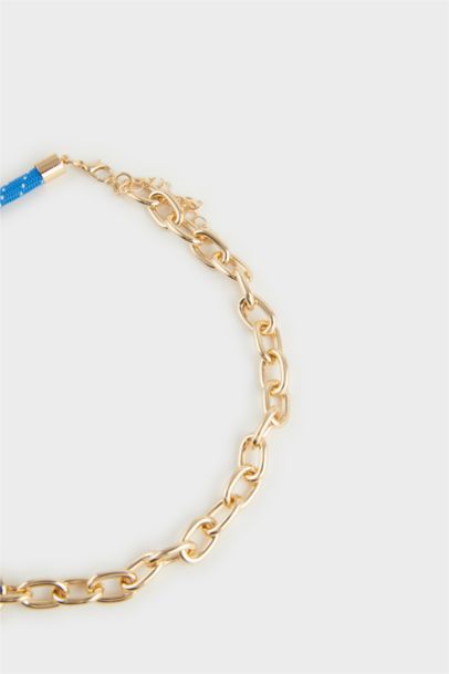 Woman Blue Rope Detailed Gold Necklace