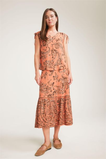 Regular Fit Flexible Waist Patterned Midi Skirt