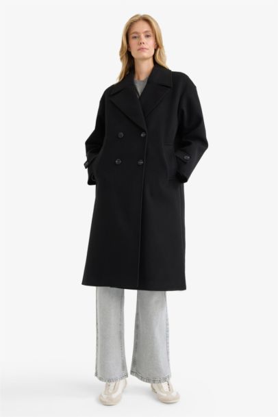 Regular Fit Düğmeli Uzun Kaşe Kaban