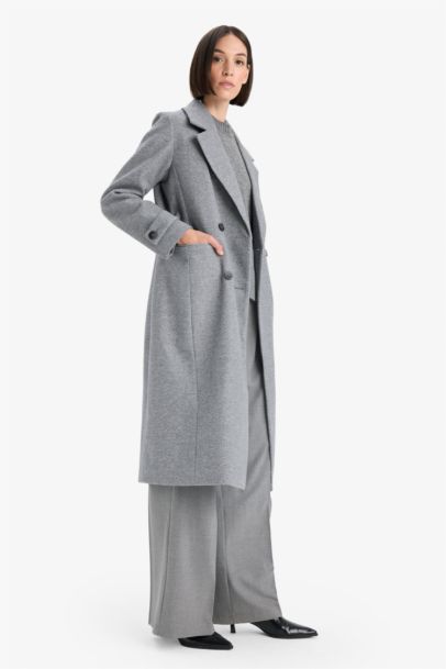 Regular Fit Düğmeli Kaşe Uzun Kaban