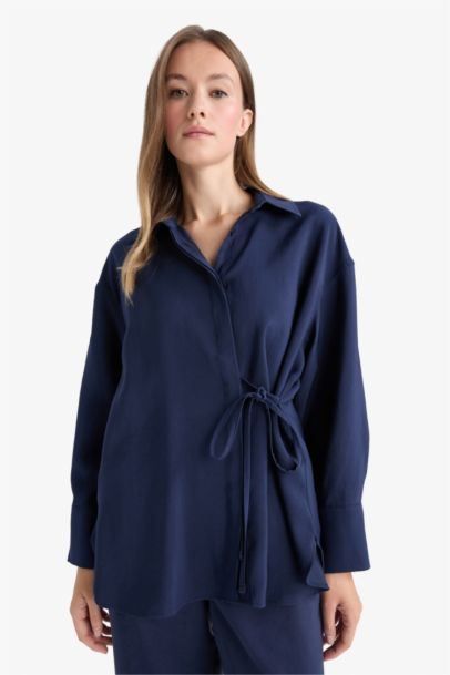Relax Fit Modal Tie Front Long Sleeve Shirt Tunic