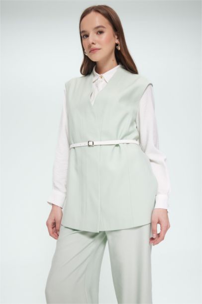 V Neck Belted Twill Classic Vest