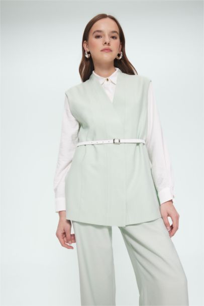 V Neck Belted Twill Classic Vest