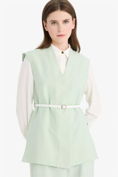 V Neck Belted Twill Classic Vest