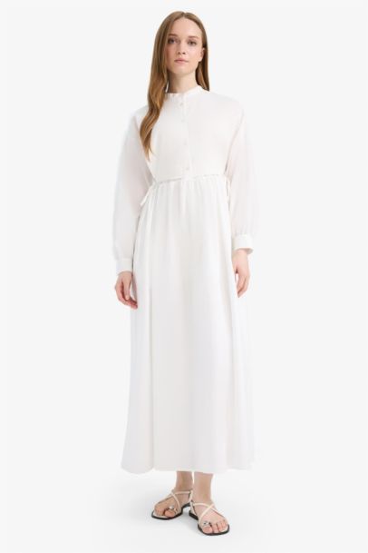 Relax Fit Crew Neck Belted Poplin Long Sleeve Maxi Dress