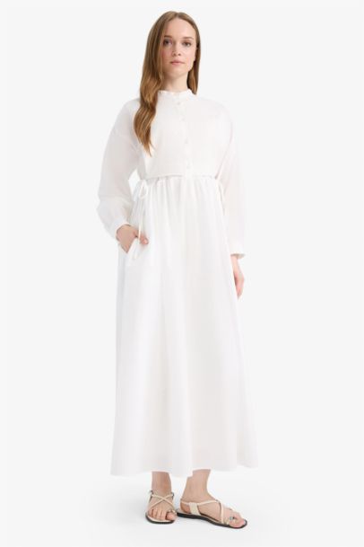 Relax Fit Crew Neck Belted Poplin Long Sleeve Maxi Dress