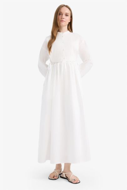 Relax Fit Crew Neck Belted Poplin Long Sleeve Maxi Dress