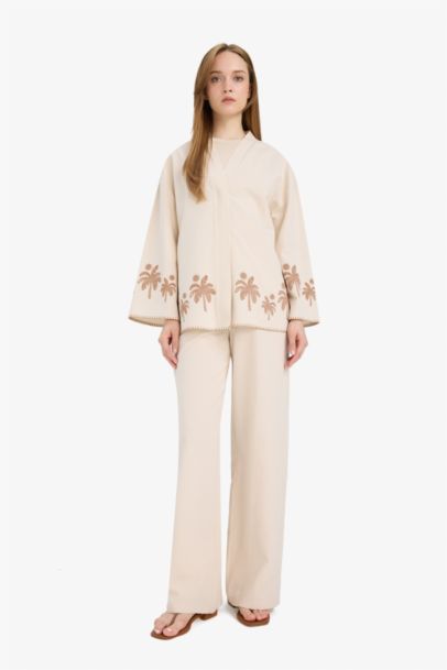 Relax Fit Baskılı Keten Karışımlı Uzun Kollu Kimono