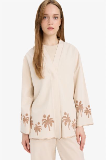 Relax Fit Baskılı Keten Karışımlı Uzun Kollu Kimono