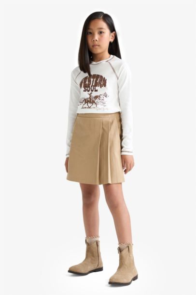 Girl Gabardine Elastic Waist Pleated Skirt