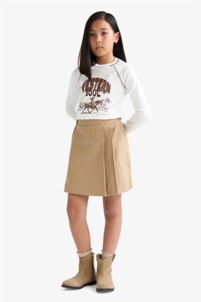 Girl Gabardine Elastic Waist Pleated Skirt