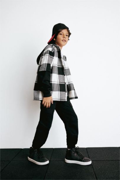 Boy Oversize Fit Hooded Plaid Flannel Shirt