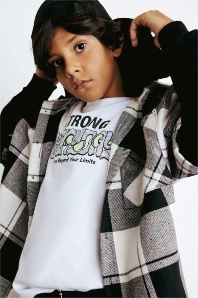 Boy Oversize Fit Hooded Plaid Flannel Shirt