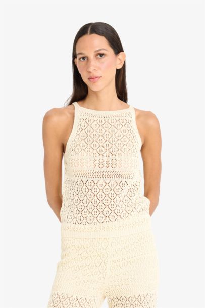 Regular Fit Halter Neck Openwork Sleeveless Blouse