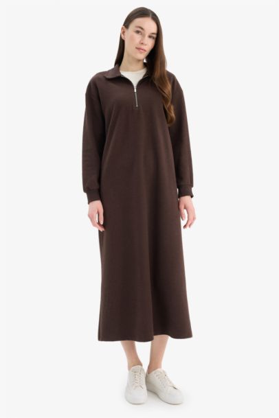 Loose Fit Zippered Polo Collar Basic Midi Dress