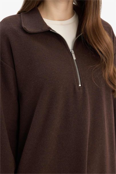 Loose Fit Zippered Polo Collar Basic Midi Dress