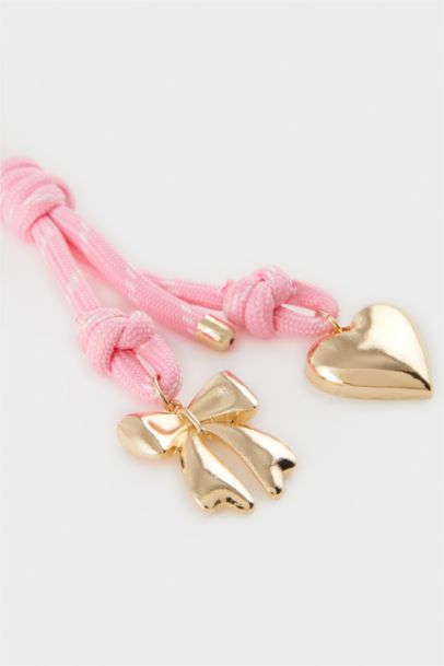 Porte-clés corde rose et charms dorés pour femme