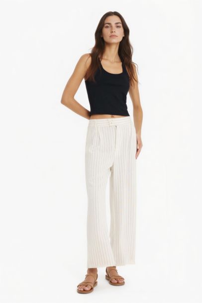 Culotte Yüksek Bel Geniş Paça Pensli Keten Karışımlı Pantolon