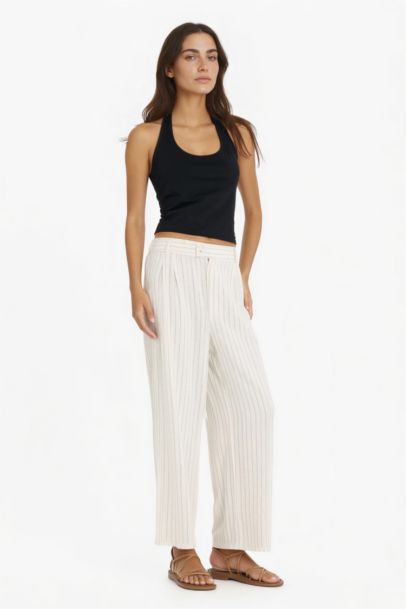 Culotte Yüksek Bel Geniş Paça Pensli Keten Karışımlı Pantolon