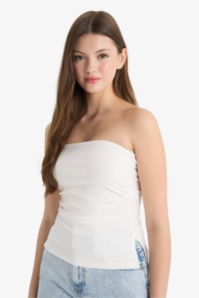 Fitted Straplez Beyaz Bluz