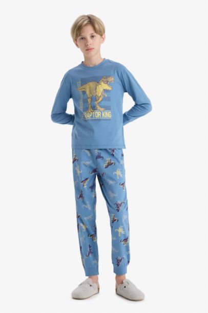 Pijama Takımı Dinozor Baskılı Uzun Kollu Üst Uzun Alt Erkek Çocuk