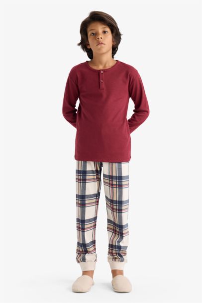 Pijama Takımı Waffle Uzun Kollu Üst Kareli Uzun Alt Erkek Çocuk