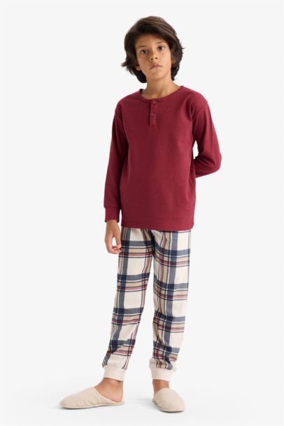 Pijama Takımı Waffle Uzun Kollu Üst Kareli Uzun Alt Erkek Çocuk