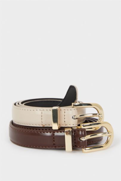 Woman Faux Leather 2 Piece Belt