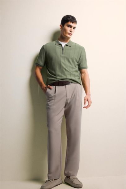 Standart Fit Fermuarlı Polo Yaka Triko Kısa Kollu Tişört