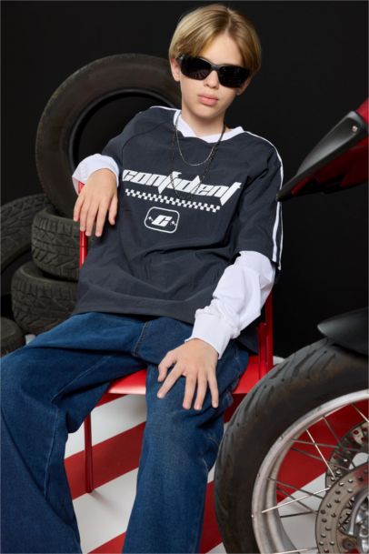 Oversize Geniş Kalıp V Yaka Baskılı Paraşüt Uzun Kollu Tişört Erkek Çocuk