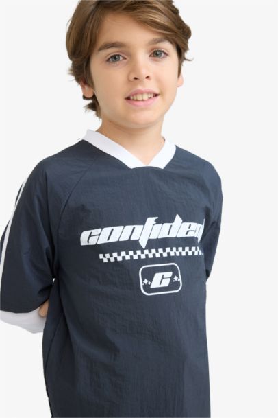 Oversize Geniş Kalıp V Yaka Baskılı Paraşüt Uzun Kollu Tişört Erkek Çocuk