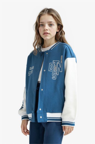 Girl College Collar Printed Bomber Jacket