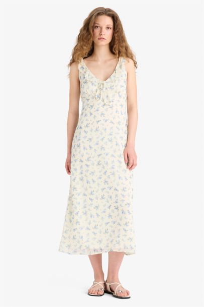 V Neck Floral Chiffon Sleeveless Midi Dress