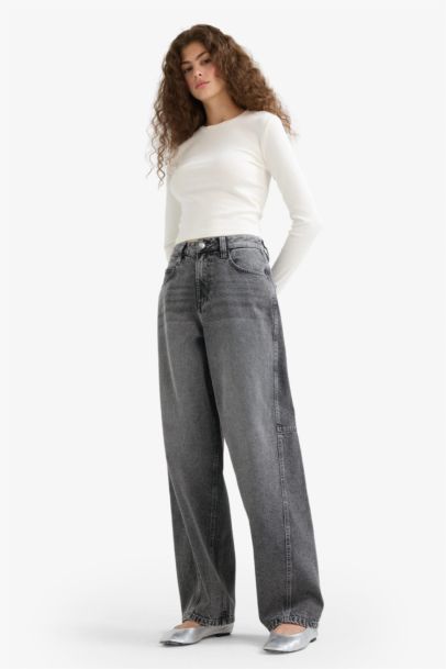 Baggy Fit High Waist Straight Leg Long Jeans