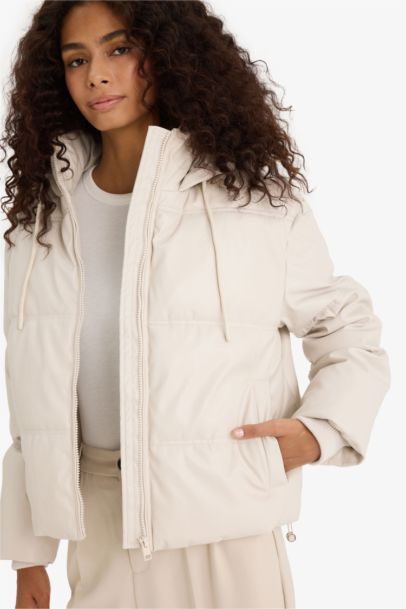 Regular Fit Hooded Fleece Lined Faux Leather Jacket