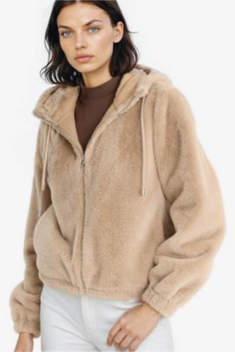 Regular Fit Polar Astarlı Kapüşonlu Fermuarlı Suni Kürk 