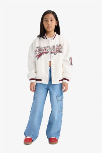 Girl College Printed College Collar Thick Fabric Bomber Jacket