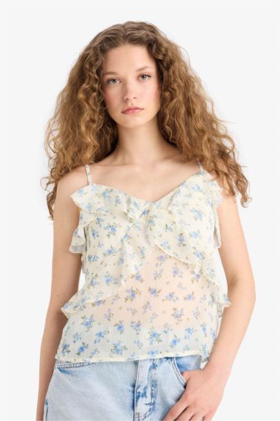 Regular Fit V Yaka Çiçekli Şifon Askılı Bluz