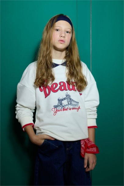 Relax Fit Polo Yaka Baskılı Sweatshirt Kız Çocuk