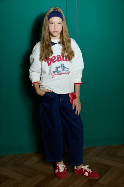 Relax Fit Polo Yaka Baskılı Sweatshirt Kız Çocuk