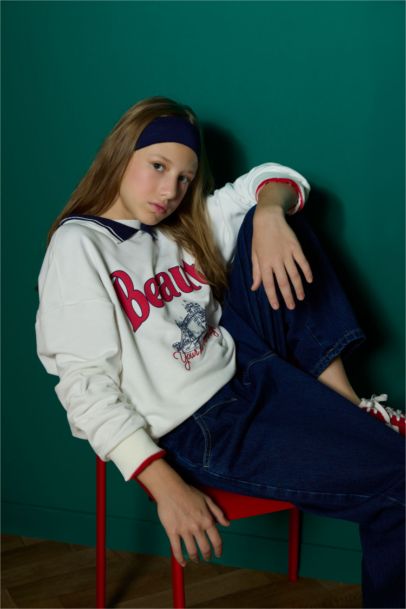 Relax Fit Polo Yaka Baskılı Sweatshirt Kız Çocuk