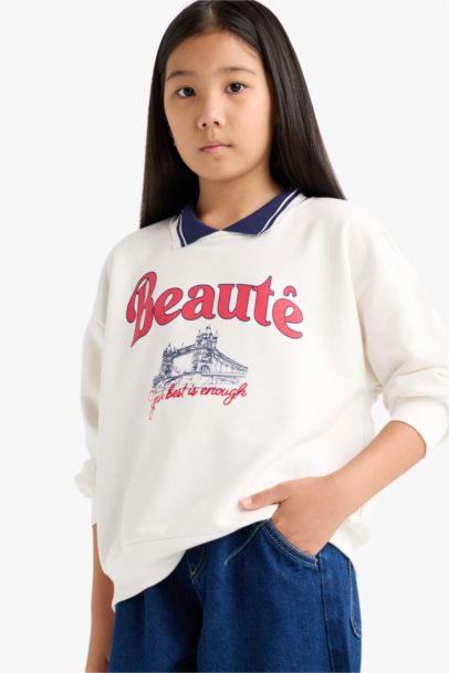 Relax Fit Polo Yaka Baskılı Sweatshirt Kız Çocuk