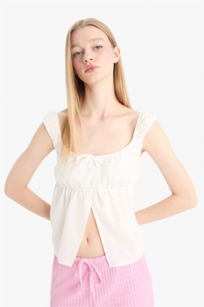 Fitted U Neck Poplin Thick Strappy Blouse