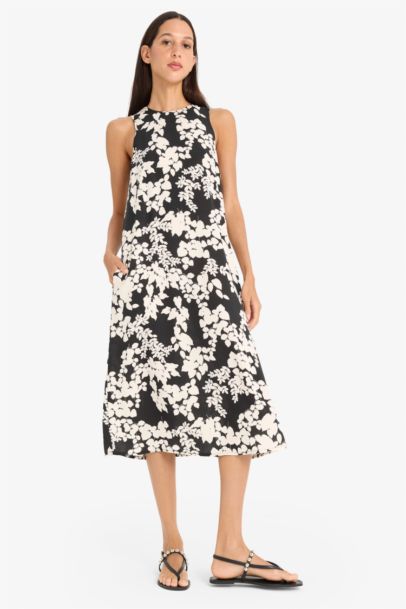 Crew Neck Floral Sleeveless Midi Dress