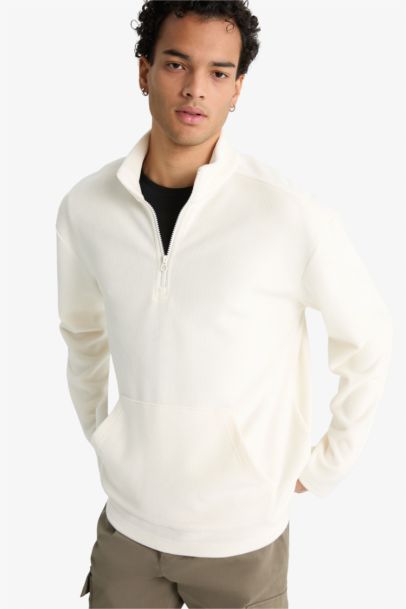 Regular Fit Stand Collar Half Zippered Velvet Sweatshirt